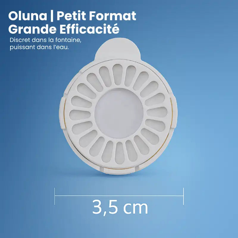 Fontaine à eau chat sans électricité - Oluna : dimensions filtre AstuceChat