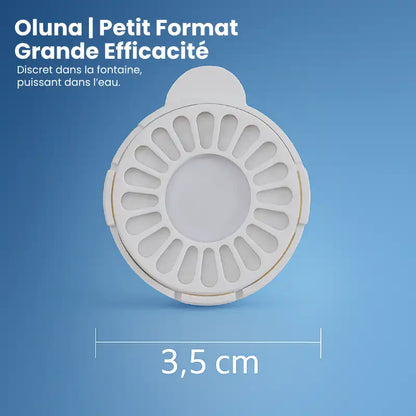 Fontaine à eau chat sans électricité - Oluna : dimensions filtre AstuceChat