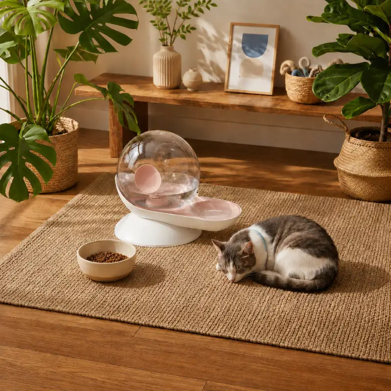 Fontaine à eau chat sans électricité - Oluna : chat devant la fontaine avec eau disponible en continu - AstuceChat