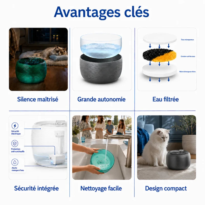 Fontaine à eau chat silencieuse - Oarty : avantages clés - AstuceChat