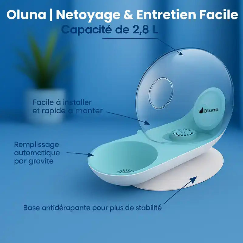 Fontaine à eau chat sans électricité - Oluna : nettoyage facile