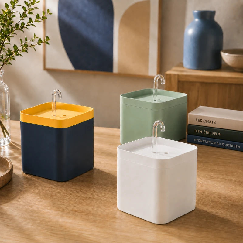 Fontaine eau chat compacte et élégante - Ovelou : présentation des modèles Bleu Minuit, Vert Sauge et Blanc Neige - AstuceChat