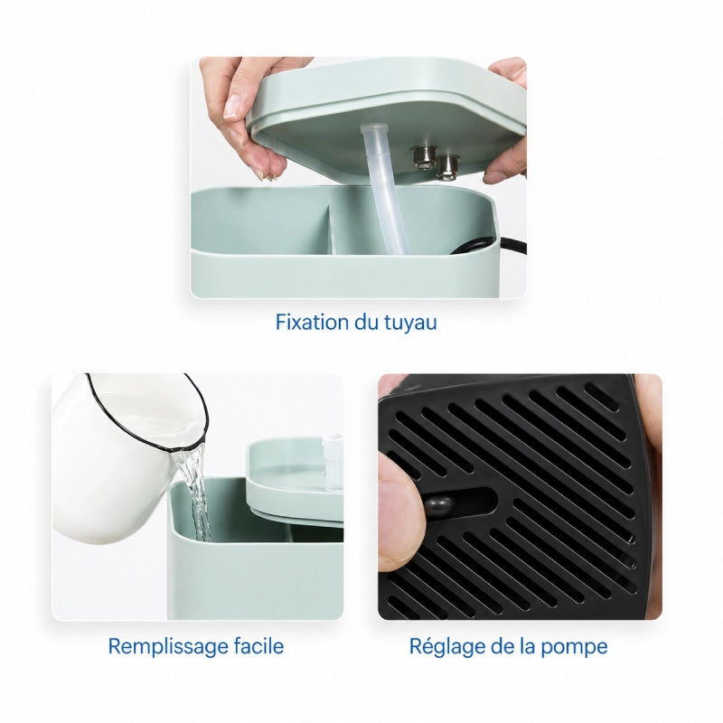 Fontaine eau chat compacte et élégante - Ovelou : fixation du tuyau, remplissage et réglage de la pompe, modèle Vert Sauge - AstuceChat