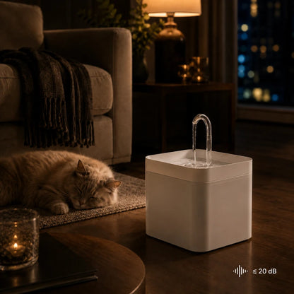 Fontaine eau chat compacte et élégante - Ovelou : fonctionnement silencieux avec chat Persan crème, modèle Blanc Neige - AstuceChat