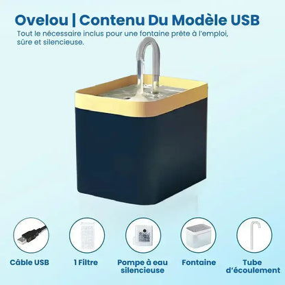 Fontaine eau chat  - Ovelou : pack USB Bleu Minuit & Crème Féline