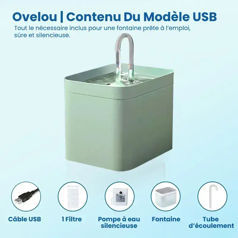 Fontaine eau chat  - Ovelou : pack USB Vert Sauge Félin