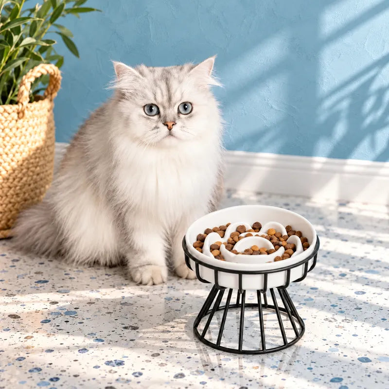 Gamelle anti glouton chat céramique - Gastil : British Longhair devant le motif Corolle sur support Noir Carbone - AstuceChat