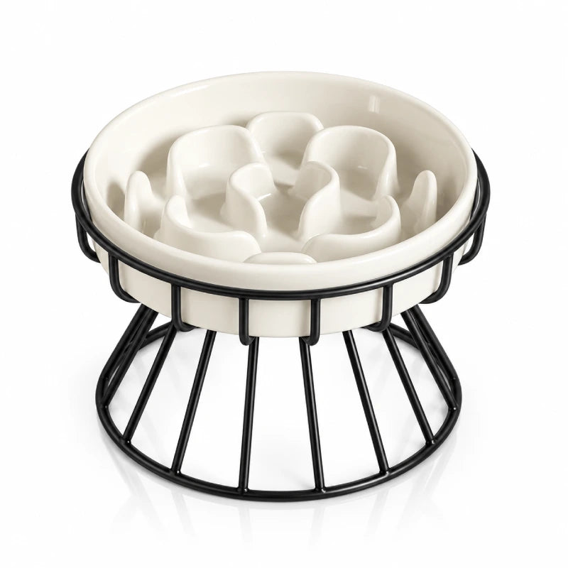 Gamelle anti glouton chat céramique - Gastil : motif Corolle sur support Noir Carbone - AstuceChat