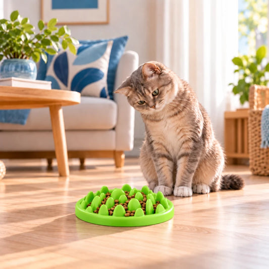 Gamelle anti glouton chat croquettes - Gapico : British Shorthair silver shaded observant ses croquettes dans la variante Vert Pomme - AstuceChat