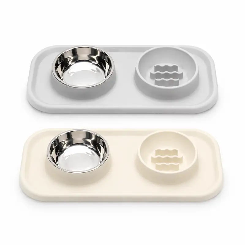 Gamelle anti glouton chaton double - Gaton : modèle Beige Sable et Gris Brume  - AstuceChat