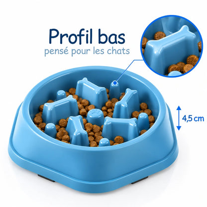 Gamelle anti glouton pour chat - Ganos : profil bas Bleu Fjord avec reliefs et hauteur de 4,5 cm - AstuceChat