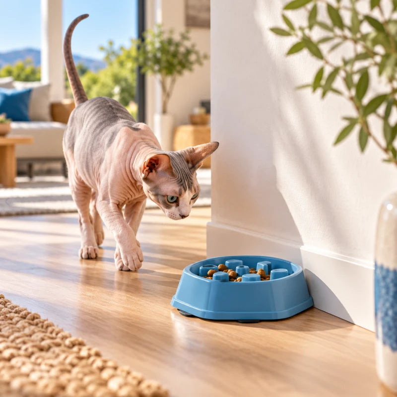 Gamelle anti glouton pour chat - Ganos : Sphynx s’approchant de la variante Bleu Fjord remplie de croquettes - AstuceChat