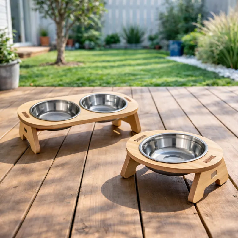 Gamelle chat bois - Gabane : versions Solo et Duo sur terrasse bois - AstuceChat