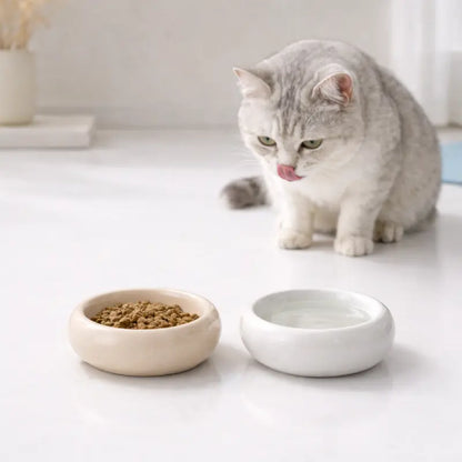 Gamelle chat céramique - Gacéra : chat blanc avec deux gamelles Blanc Nacré et Ivoire Perlé - AstuceChat