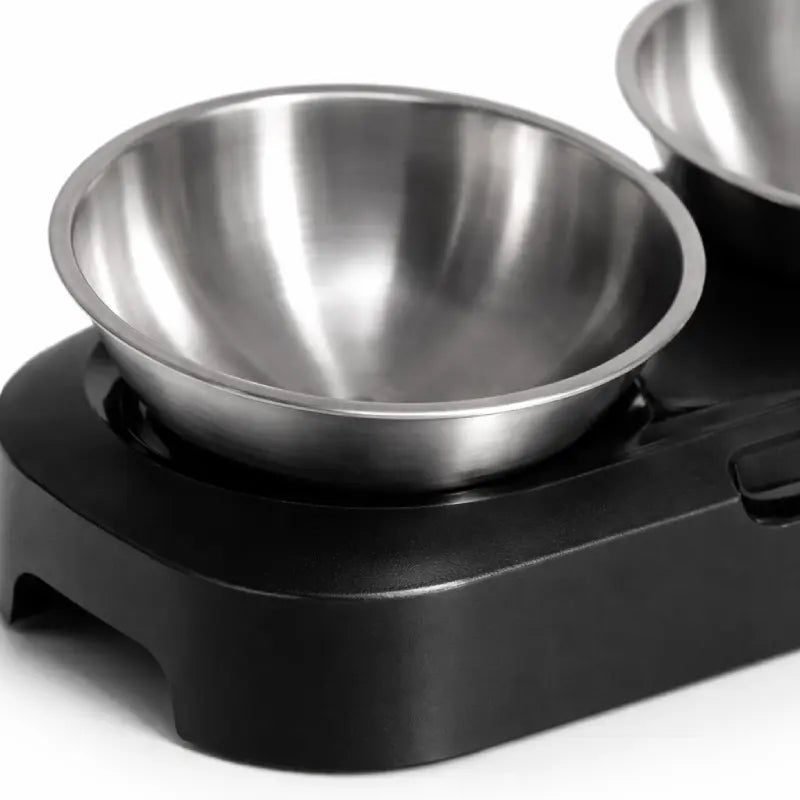 Gamelle chat en hauteur - Galénaï : détail bol inox et support noir - AstuceChat