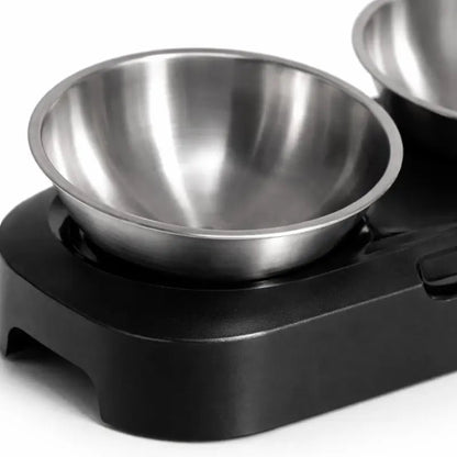 Gamelle chat en hauteur - Galénaï : détail bol inox et support noir - AstuceChat