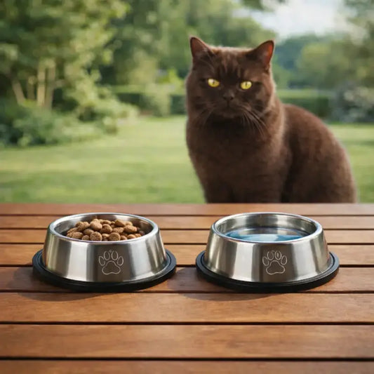 Gamelle chat - Galnox double bol inox eau et croquettes en extérieur - AstuceChat