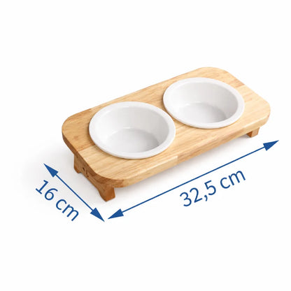 Gamelle chat support bois - Galbeau : vue dimensions Duo - AstuceChat