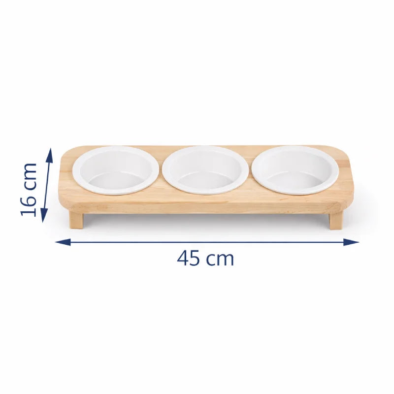 Gamelle chat support bois - Galbeau : vue dimensions Trio - AstuceChat
