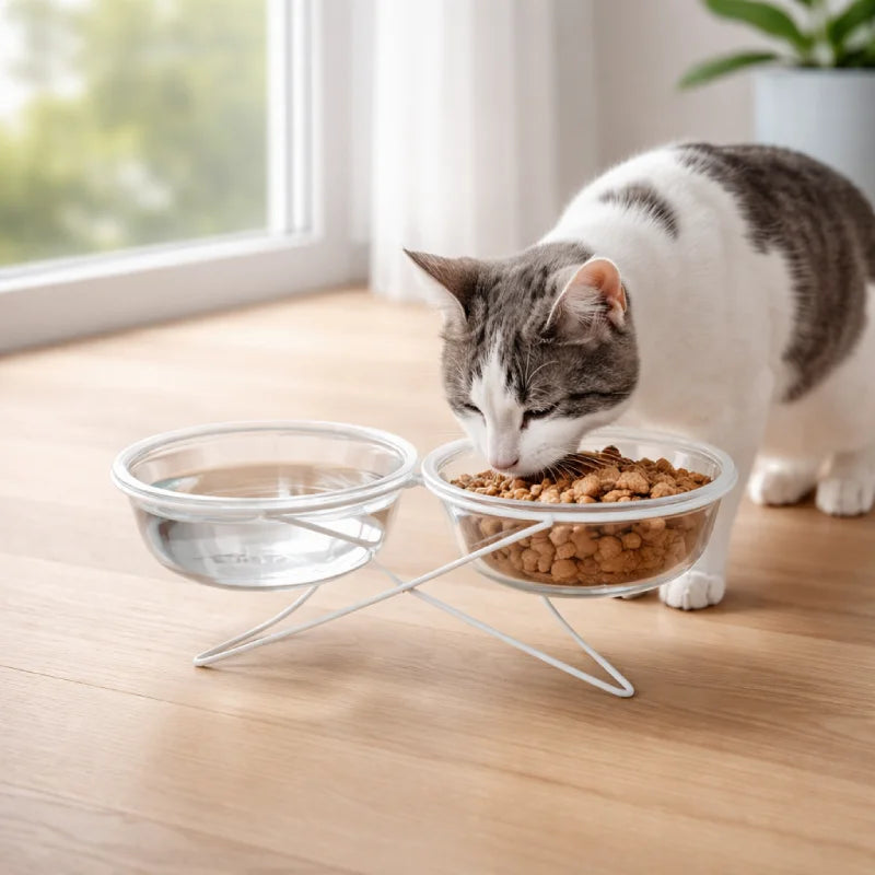 Gamelle chat verre - Gavska utilisée par un chat près d’une fenêtre avec bol eau et croquettes - AstuceChat