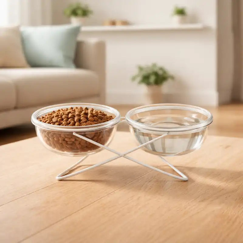 Gamelle chat verre - Gavska double bol sur table en bois avec eau et croquettes - AstuceChat