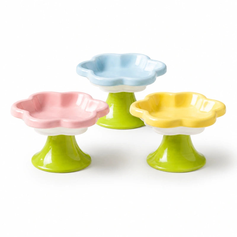 Gamelle chaton surélevée - Galora : trio Jaune Miel, Bleu Céleste et Rose Poudré - AstuceChat