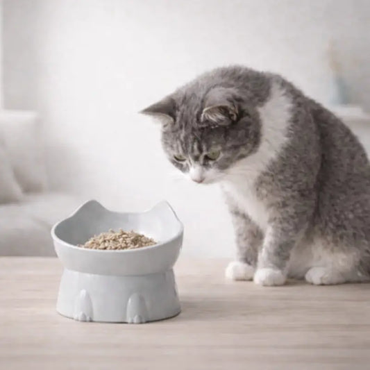 Gamelle design pour chat Gafeli - chat gris observe la pâtée dans gamelle surélevée gris brume - AstuceChat