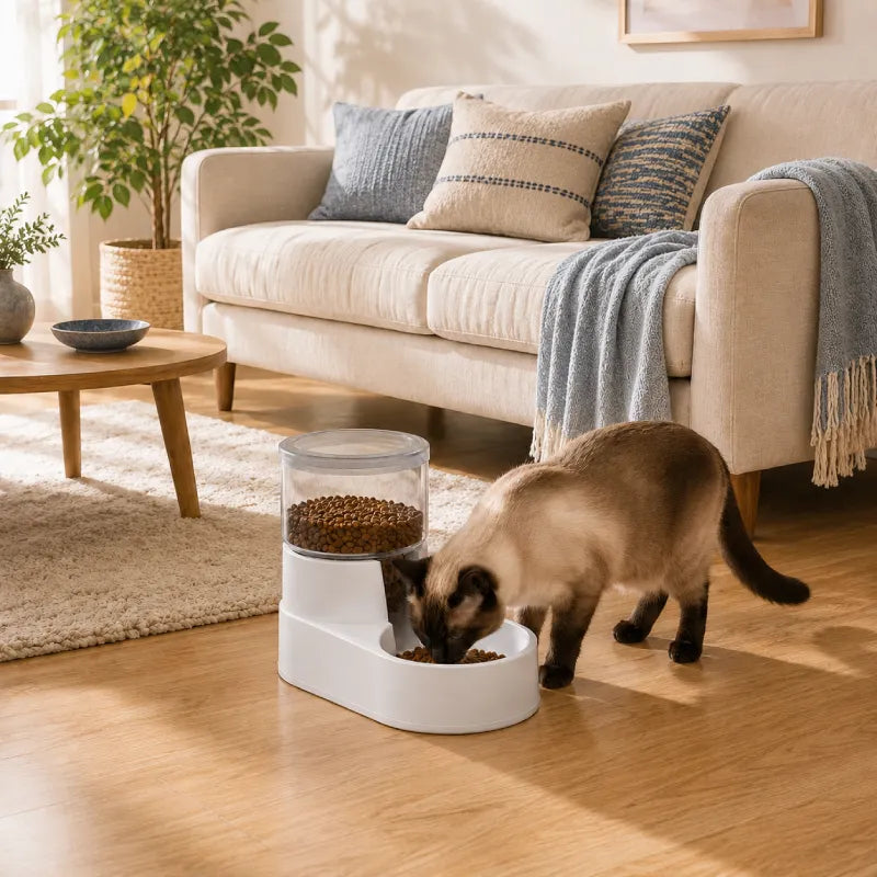 Gamelle distributeur chat - Celvia : chat siamois devant le distributeur dans un salon lumineux - AstuceChat