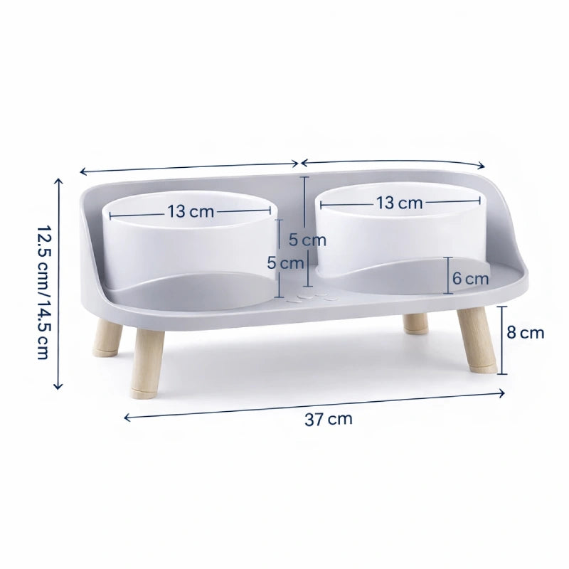 Gamelle double chat - Garélis : dimensions 37 cm Gris Brume et Blanc Perle - AstuceChat