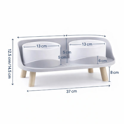 Gamelle double chat - Garélis : dimensions 37 cm Gris Brume et Blanc Perle - AstuceChat