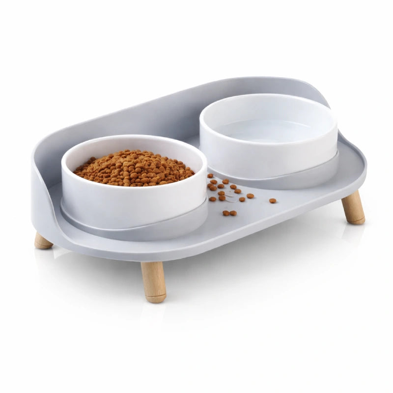 Gamelle double chat - Garélis : repas eau et croquettes Gris Brume et Blanc Perle - AstuceChat