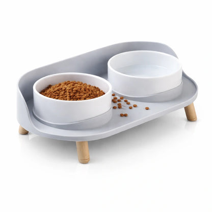 Gamelle double chat - Garélis : repas eau et croquettes Gris Brume et Blanc Perle - AstuceChat