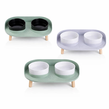 Gamelle double chat - Garélis : vue dessus Gris Brume et Blanc Perle - AstuceChat