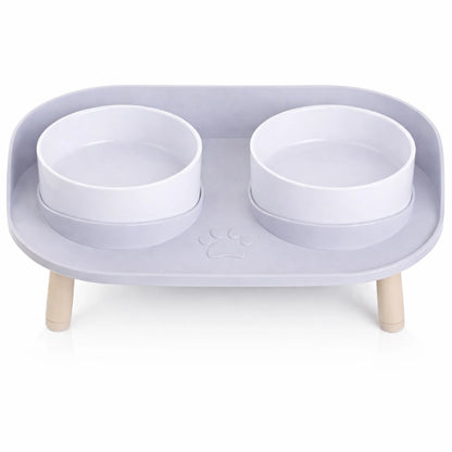 Gamelle double chat - Garélis : vue de face Gris Brume et Blanc Perle - AstuceChat
