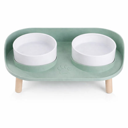 Gamelle double chat - Garélis : vue de face Vert Sauge et Blanc Perle - AstuceChat