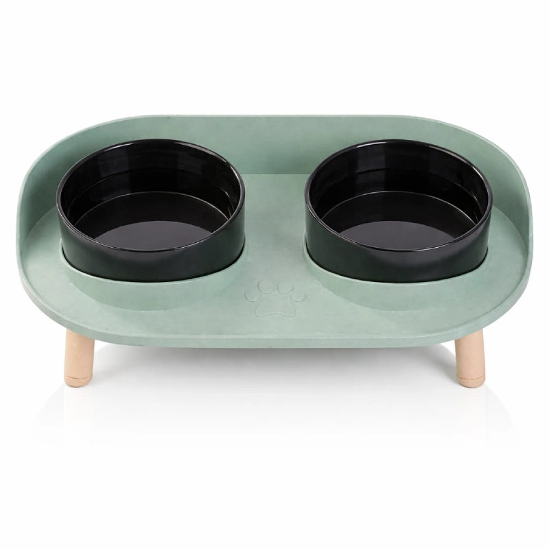 Gamelle double chat - Garélis : vue de face Vert Sauge et Noir Onyx - AstuceChat