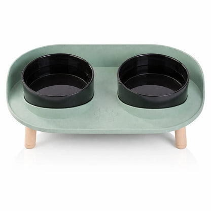 Gamelle double chat - Garélis : vue de face Vert Sauge et Noir Onyx - AstuceChat