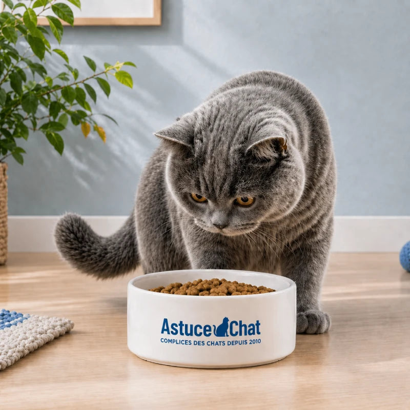 Gamelle en ceramique pour chat - Gastuce : British Shorthair gris avec bol Blanc Neige - AstuceChat