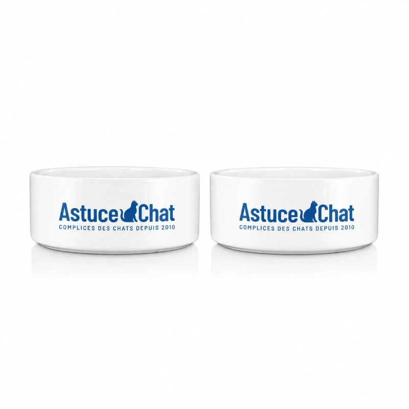 Gamelle en ceramique pour chat - Gastuce : duo Blanc Neige avec logo AstuceChat - AstuceChat