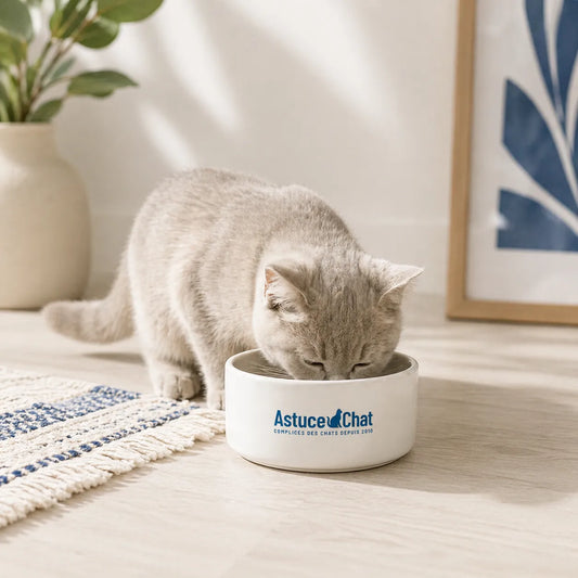 Gamelle en Ceramique pour Chaton - Gadix : chat British Shorthair pendant les premiers repas Blanc Neige - AstuceChat