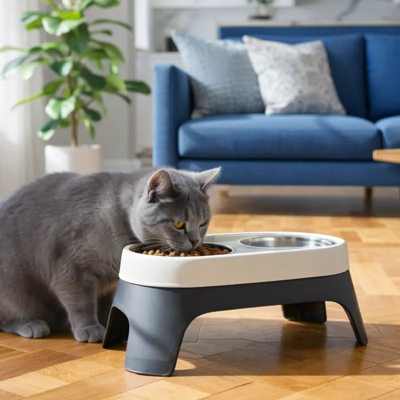 Gamelle en hauteur pour chat - Galyo : chat gris avec gamelle Ivoire Nuit et Noir - AstuceChat