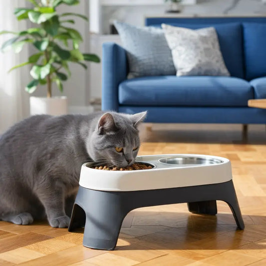 Gamelle en hauteur pour chat - Galyo : chat gris avec gamelle Ivoire Nuit et Noir - AstuceChat