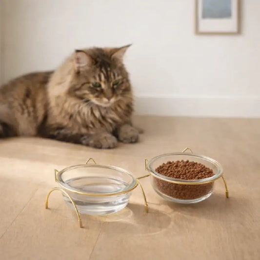 Gamelle en verre pour chat - Gadéko - double bol eau et croquettes avec Maine Coon - AstuceChat