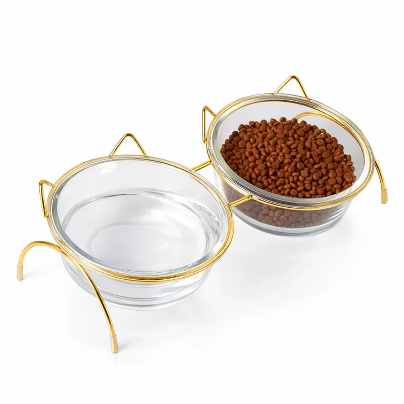 Gamelle en verre pour chat - Gadéko - double bol surélevé design doré - AstuceChat