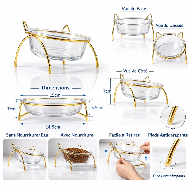 Gamelle en verre pour chat - Gadéko - vue face dessus côté et pieds antidérapants - AstuceChat
