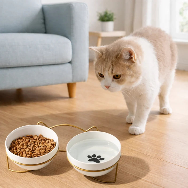Gamelle ergonomique chat - Gavielle : Duo Doré Satiné - Double Pattes - chat - AstuceChat