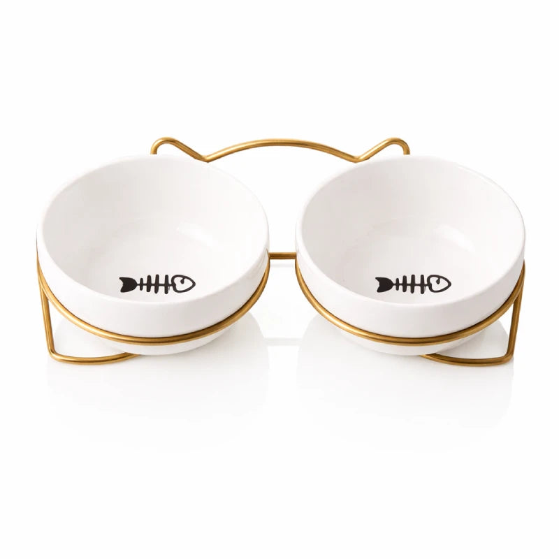 Gamelle ergonomique chat - Gavielle : Duo Doré Satiné - Double Poissons - AstuceChat