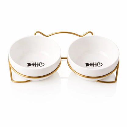Gamelle ergonomique chat - Gavielle : Duo Doré Satiné - Double Poissons - AstuceChat
