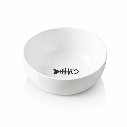 Gamelle Ergonomique Chat - Gavielle : Solo en céramique blanc avec motif poisson - AstuceChat
