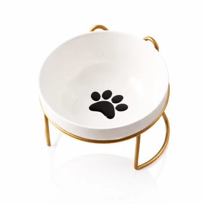 Gamelle Ergonomique Chat - Gavielle : Solo en céramique blanc avec support Doré Satiné et motif patte - AstuceChat